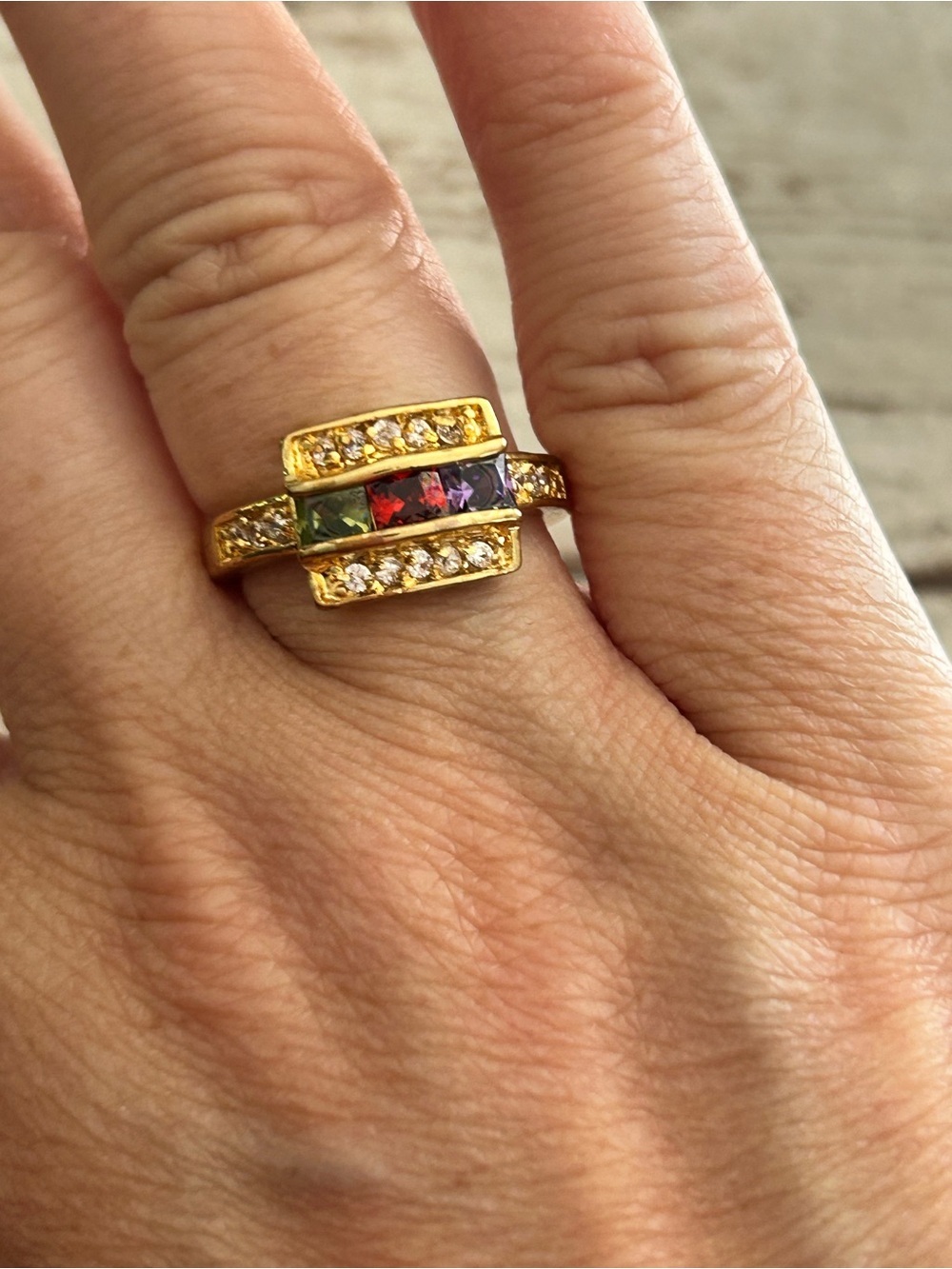4/$100 Gold Multicolor family birthstone Crystal Ring peridot, Amethyst, Ruby